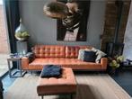 Cognac leren bankstel met poef - Chesterfield look, Ophalen, Gebruikt, 75 tot 100 cm, Leer