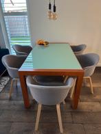 Prachtige eettafel van hout en glas (verstelbaar), Ophalen, Gebruikt, Glas, Vijf personen of meer