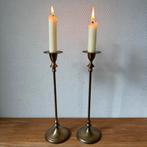 2 Vintage Hoge Koperen Messing Kandelaars, Slank Model, Gebruikt, 25 tot 50 cm, Ophalen of Verzenden, Metaal