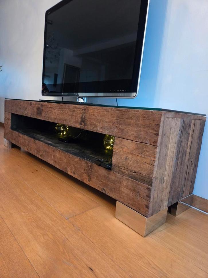 Masief eikenhout TV kas met beschermglas €400, Huis en Inrichting, Kasten | Televisiemeubels, Zo goed als nieuw, Minder dan 100 cm