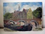 Schilderij olieverf Jan Kelderman Amsterdam pakhuis en boot, Ophalen of Verzenden