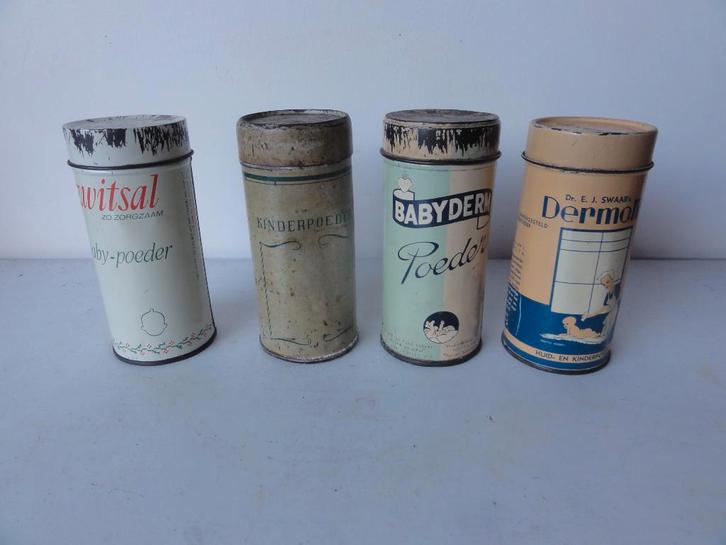 VINTAGE jaren 50-60 : 4 bussen Babypoeder Zwitsal, Babyderm, Verzamelen, Parfumverzamelingen, Gebruikt, Toebehoren, Gevuld, Verzenden