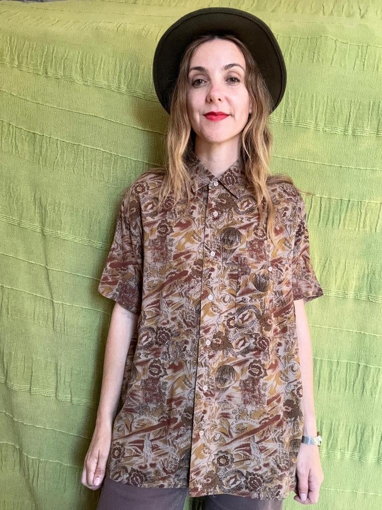 Vintage blouse, maat M - unisex - aardetinten - patroon -, Kleding | Dames, Maat 38/40 (M), Renzo Metti, Bruin, ,