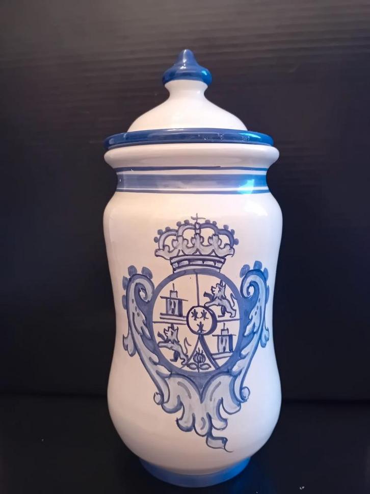 Antieke/Vintage Albarello Apothekerspot - Blauw/Wit Wapensch, Antiek en Kunst, Antiek | Keramiek en Aardewerk, Ophalen of Verzenden