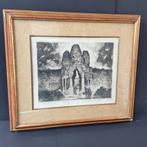 Kunst, Ets Bayontempel Cambodja met bois dore lijst, 30/50, Antiek en Kunst, Ophalen of Verzenden