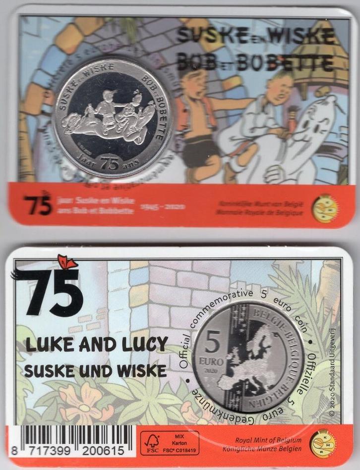 5 Euro Belgie 2020 in BU Coincard - Suske en Wiske - Reliëf, Postzegels en Munten, Munten | Europa | Euromunten, Losse munt, 5 euro