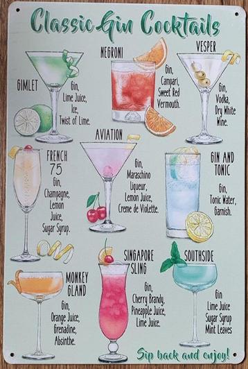 Classic gin cocktails recepten metalen reclamebord wandbord 