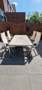 Teak houten tuintafel met 4 verstelbare stoelen, Ophalen, Gebruikt, Teakhout