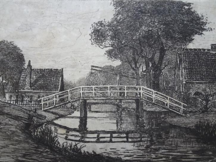 Ets dorpsgezicht loopbrug en ophaalbrug, P. Matthes jaren 30, Antiek en Kunst, Kunst | Etsen en Gravures, Verzenden