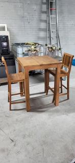 Teak Hoge tafel met 2 bar krukken, Ophalen, Gebruikt