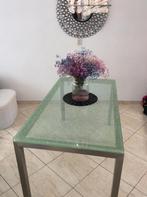 Craquelé glas eettafel en salontafel - setprijs, Gebruikt, 100 tot 150 cm, Vierkant, Ophalen of Verzenden