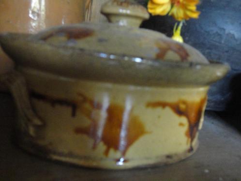 antieke FRANSE PATÉ TERRINE + DEKSEL, gevlekte oker tinten, Antiek en Kunst, Antiek | Keukenbenodigdheden, Ophalen of Verzenden