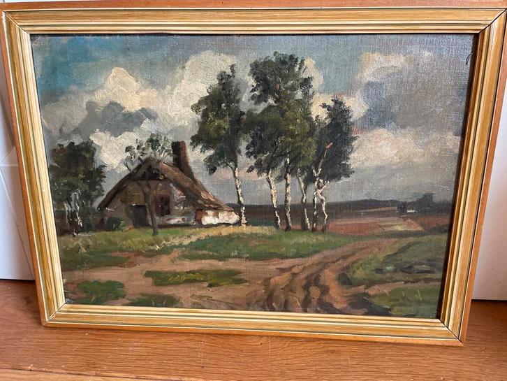 Schilderij: Landschap met huis en bomen, Antiek en Kunst, Kunst | Schilderijen | Klassiek, Ophalen
