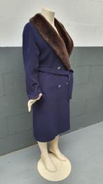 Lange mantel, donkerblauw, lamswol, bontkraag. Mt. 38. S24, Kleding | Dames, Jassen | Winter, Tweedehands verkoop, Blauw, Ophalen of Verzenden