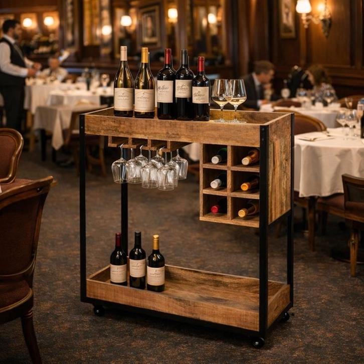 SHOWROOM Vintage Wijnkar Wijnrek Wijntrolley Retro Mangohout, Huis en Inrichting, Woonaccessoires | Wijnrekken, Nieuw, 75 cm of meer