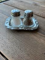 Brocante peper en zout setje kristalglas op verzilverd blad, Ophalen of Verzenden