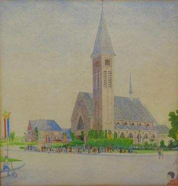 Aquarel Koninginnedag Bussum ca. 1935 bij Heilig Hart Kerk  beschikbaar voor biedingen