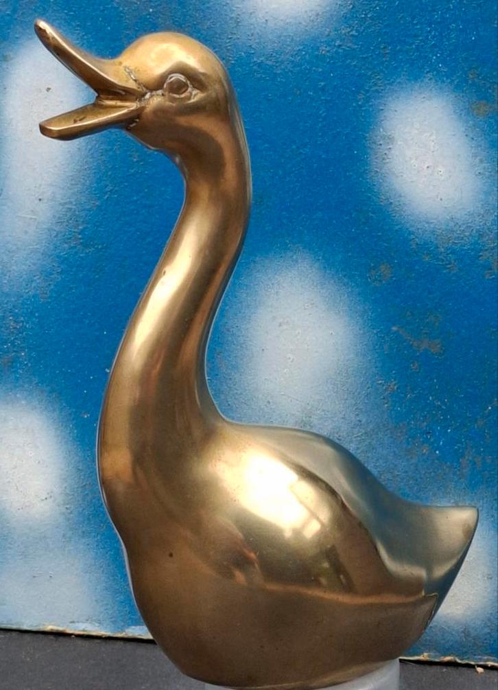 Eend.  Kwetterende eend. Messing.  Ca '70. 20 cm., Verzamelen, Dierenverzamelingen, Zo goed als nieuw, Beeldje of Figuurtje, Vogel