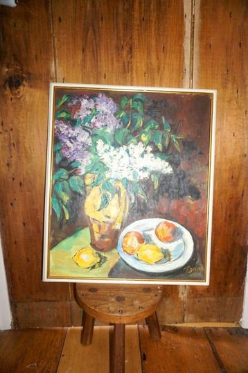 Stilleven in olieverf met bloemen en fruit * gesigneerd beschikbaar voor biedingen