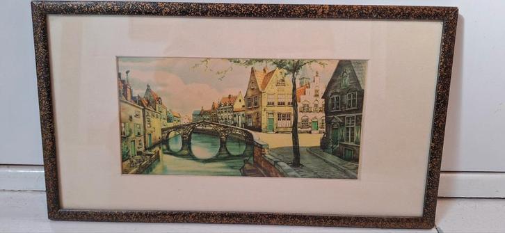 Schilderij Brug over Kanaal, Ingelijst, Antiek en Kunst, Kunst | Tekeningen en Foto's, Ophalen
