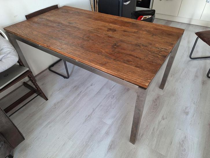 Houten tafel met RVS onderstel, Huis en Inrichting, Tafels | Eettafels, Gebruikt, 50 tot 100 cm, 150 tot 200 cm, Vier personen