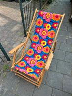 Vintage retro bloemenprint ligstoel strandstoel vouwbaar, Ophalen of Verzenden, Zo goed als nieuw, Hout