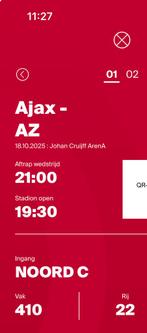 2 kaartjes Ajax - AZ Vak 410, Twee personen, Oktober