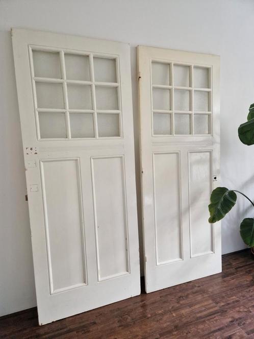paneeldeuren massief hout, melkglas ruiten, Doe-het-zelf en Verbouw, Deuren en Horren, Gebruikt, Binnendeur, 215 cm of meer, 80 tot 100 cm