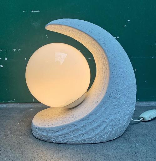 Maanlamp tafellamp keramiek wit golf - vintage retro glas, Huis en Inrichting, Lampen | Tafellampen, Gebruikt, Minder dan 50 cm