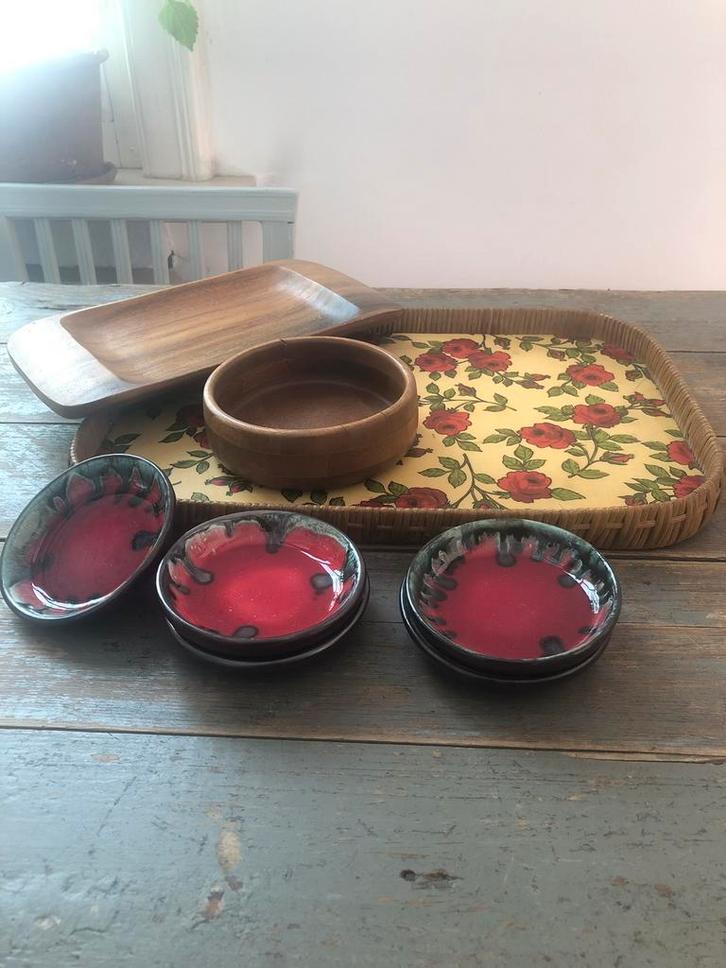 VINTAGE DIENBLAD TRAY ROTAN KERAMIEK KOM SCHAAL, Huis en Inrichting, Keuken | Keukenbenodigdheden, Zo goed als nieuw, Ophalen of Verzenden