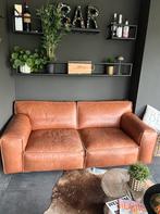 Bruine echt leren 2-zitsbank van robuuste tafels, Gebruikt, Tweepersoons, Rechte bank, 200 tot 250 cm