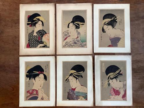 6 Japanse kleuren houtsneden Katagawa Utamaro, Antiek en Kunst, Kunst | Etsen en Gravures, Ophalen of Verzenden