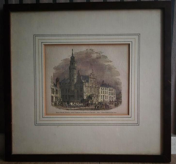 Oude Prent Stadhuis Den Haag - Gebr. Koch, Antiek en Kunst, Kunst | Etsen en Gravures, Ophalen of Verzenden