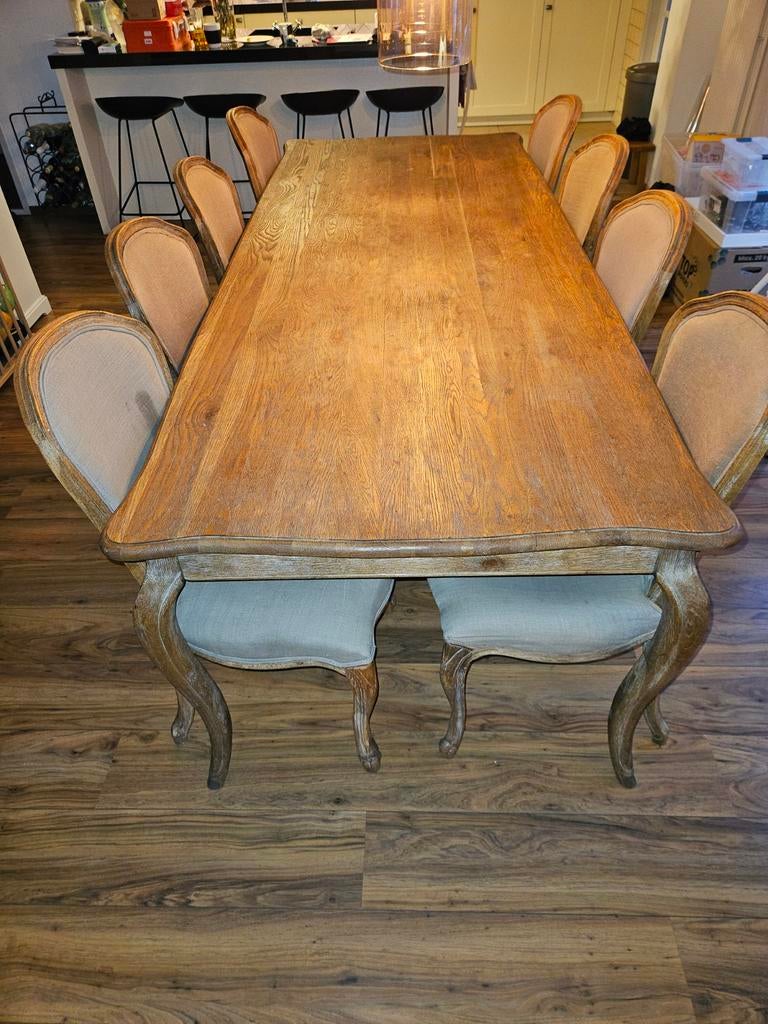 Eettafel massief hout incl 8 stoelen, Ophalen, Gebruikt, 4 tot 6 stoelen