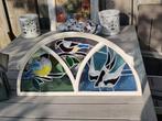 Gietijzeren stalraam met glas in lood, 60 breed x 30 cm hoog, Ophalen