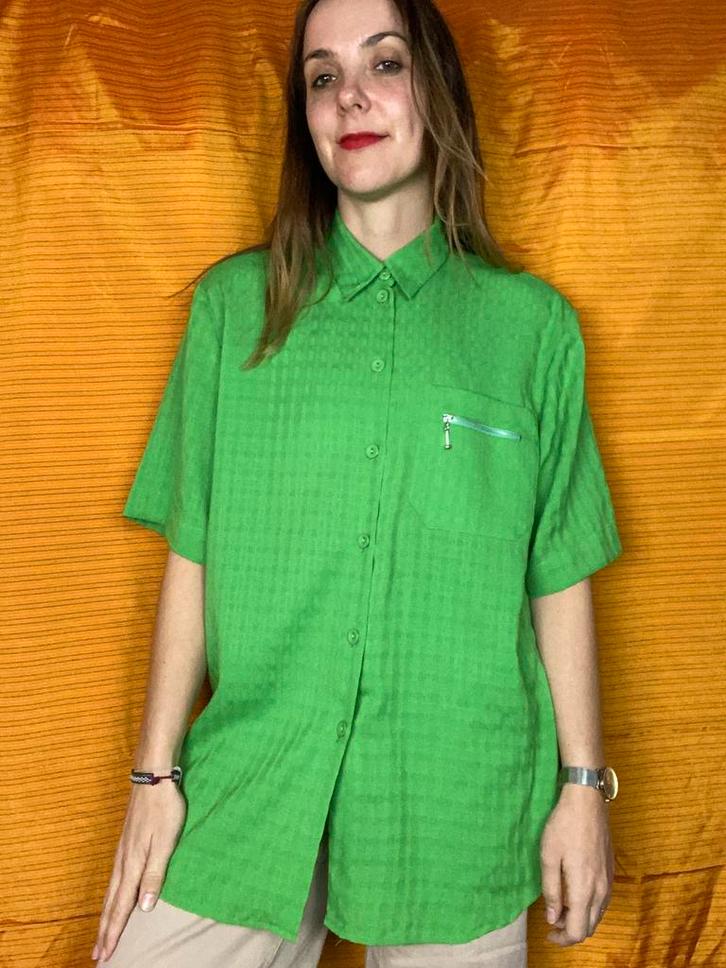 Vintage groene blouse - korte mouwen - rits 90s 40/L/large, Kleding | Dames, Blouses en Tunieken, Gedragen, Maat 38/40 (M), Groen