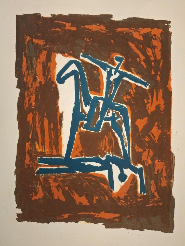 Abstracte Litho met Blauwe Lijnen, Antiek en Kunst, Kunst | Schilderijen | Abstract, Ophalen of Verzenden