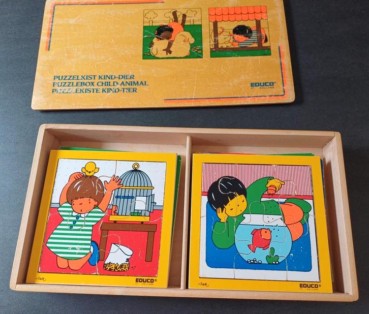 Mooie Educo puzzelkist met 8 puzzels: kind en dier., Kinderen en Baby's, Speelgoed | Kinderpuzzels, Gebruikt, Ophalen of Verzenden