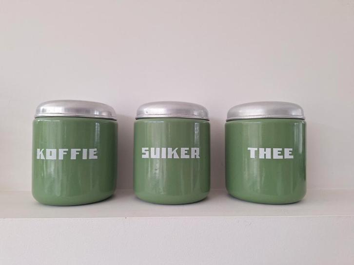 Groene emaille blikken voorraadbussen koffie thee suiker, Huis en Inrichting, Keuken | Keukenbenodigdheden, Ophalen of Verzenden