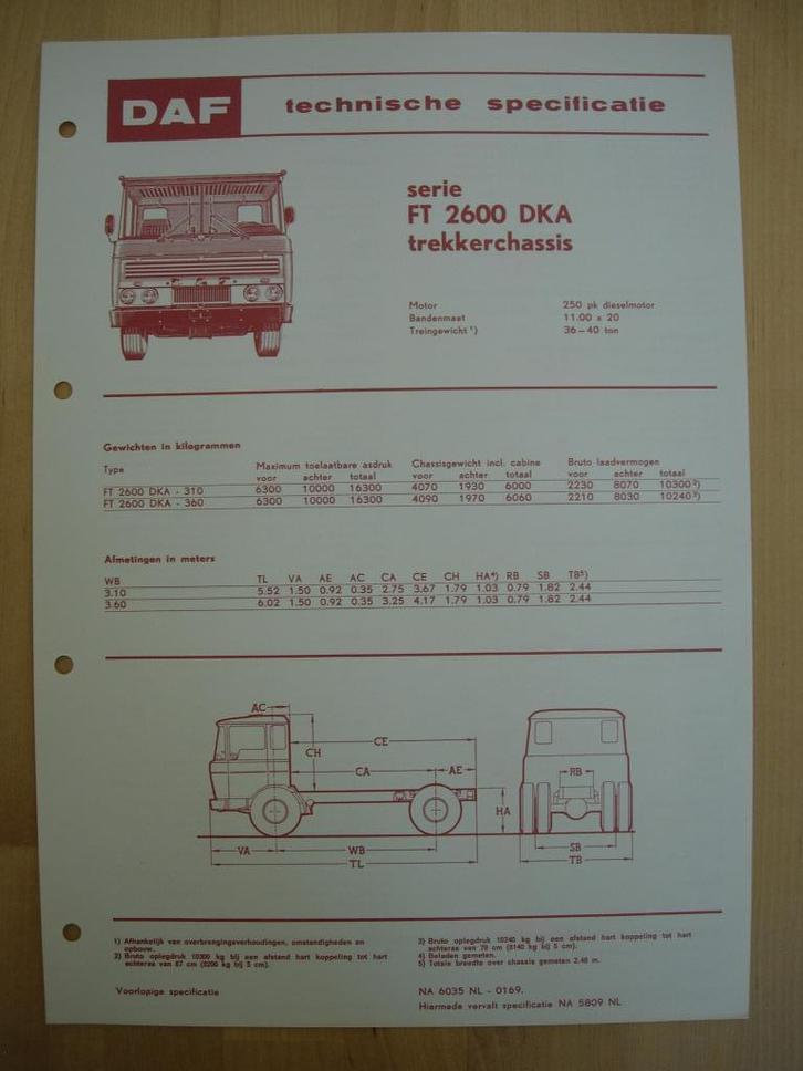 DAF FT 2600 DKA Technische Specificatie folder 1969 - 4x2, Boeken, Auto's | Folders en Tijdschriften, Zo goed als nieuw, Overige merken