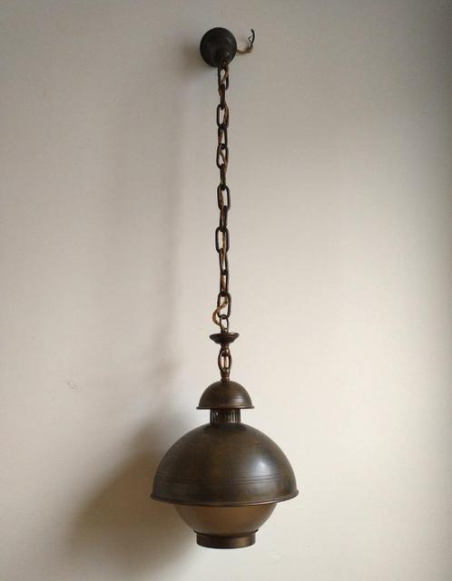Messing/glazen designlamp 30er – 40er jaren, Huis en Inrichting, Lampen | Hanglampen, Gebruikt, 75 cm of meer, Glas, Metaal, Ophalen of Verzenden