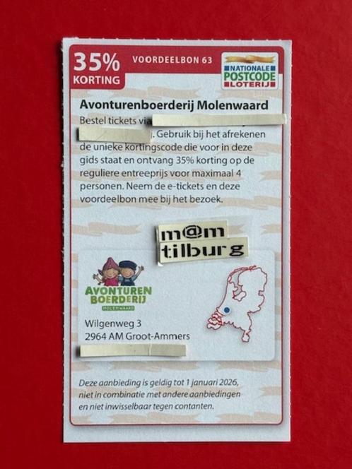 Voordeelbon 63 Avonturenboerderij Molenwaard, 35% korting, Tickets en Kaartjes, Kortingen en Cadeaubonnen, Drie personen of meer