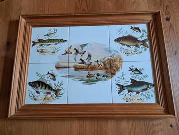 Vintage Tegeltableau met Vissen en Eenden in Houten Lijst beschikbaar voor biedingen