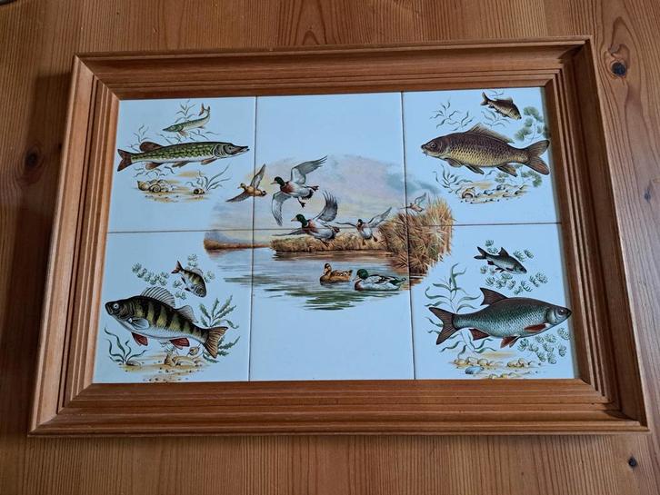 Vintage Tegeltableau met Vissen en Eenden in Houten Lijst, Antiek en Kunst, Antiek | Wandborden en Tegels, Ophalen