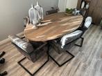 Eetkamer tafel ovaal met 6 luxe lederen stoelen / spinpoot, Ophalen, 100 tot 150 cm, 200 cm of meer, Zo goed als nieuw