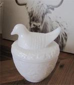 Brocante witte opaline kaptafelpot, versierd met vogeltje, Ophalen of Verzenden