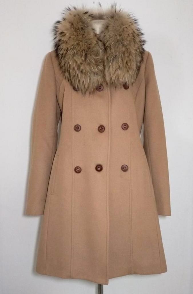 Camelkleurige 100% wollen mantel met bontkraag van Montecore, Kleding | Dames, Jassen | Winter, Zo goed als nieuw, Maat 38/40 (M)