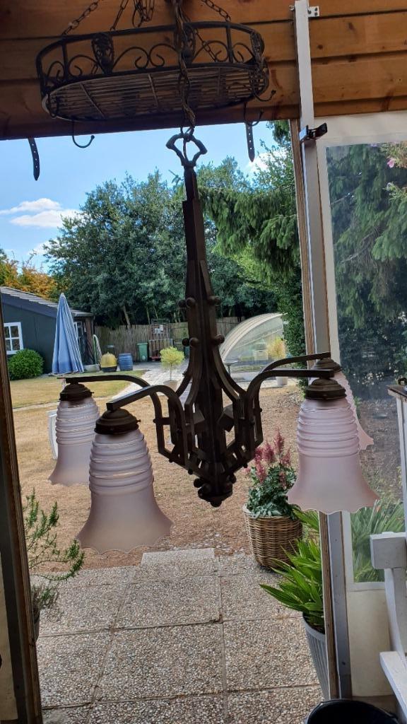 Antieke Luster met 5 Kelken de Luster is uit 1920 de glazen, Antiek en Kunst, Antiek | Lampen, Ophalen