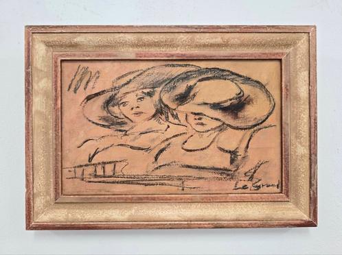 LOUIS LE GRAND voorstudie schilderij twee vrouwen met hoed, Antiek en Kunst, Kunst | Schilderijen | Klassiek, Ophalen of Verzenden