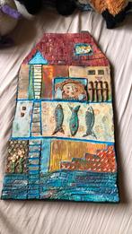 Keramiek plaquette op hout vintage wandobject, Antiek en Kunst, Ophalen of Verzenden